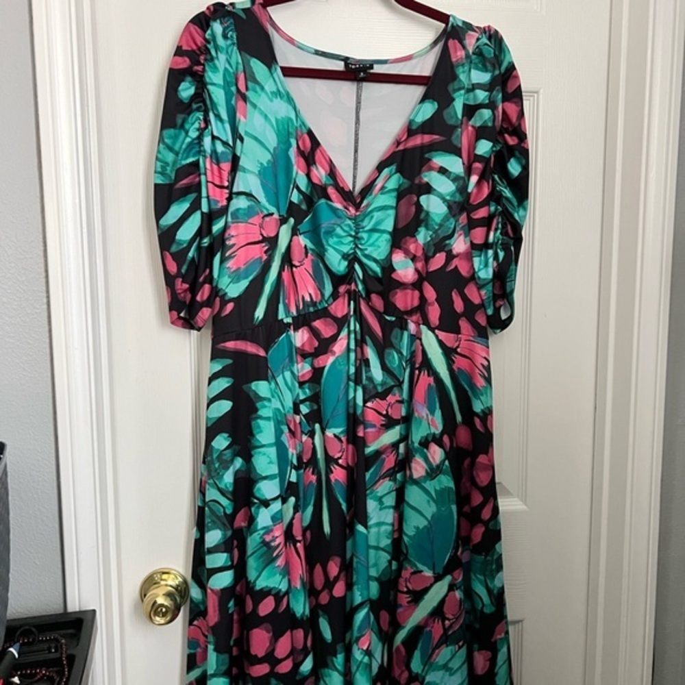Torrid Black, pink and Teal butterfly print Half Sleeve Dress